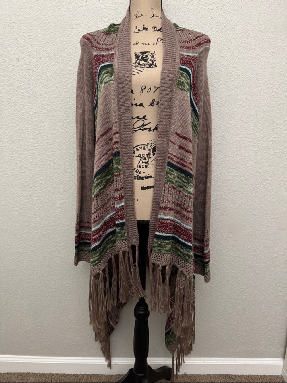 Umgee Boho Tribal Print Open Front Drape Waterfall Cardigan‎ Fringe Hem Medium